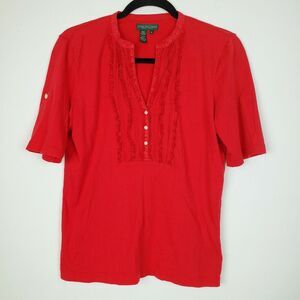 Ralph Lauren Women's Red Cotton Ruffle Shirt‎ Size M 3/4 Sleeve
